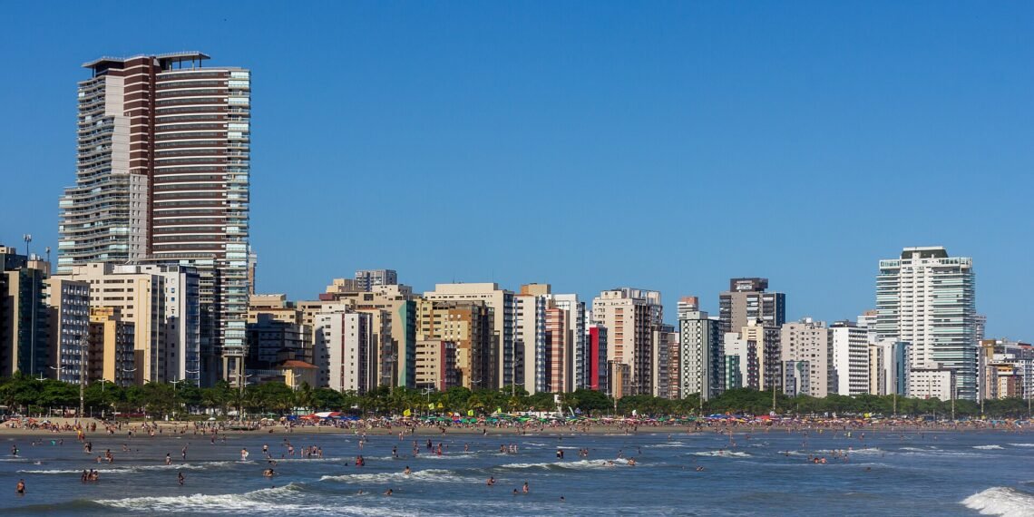 Beach and skyline of Santos, Brazil