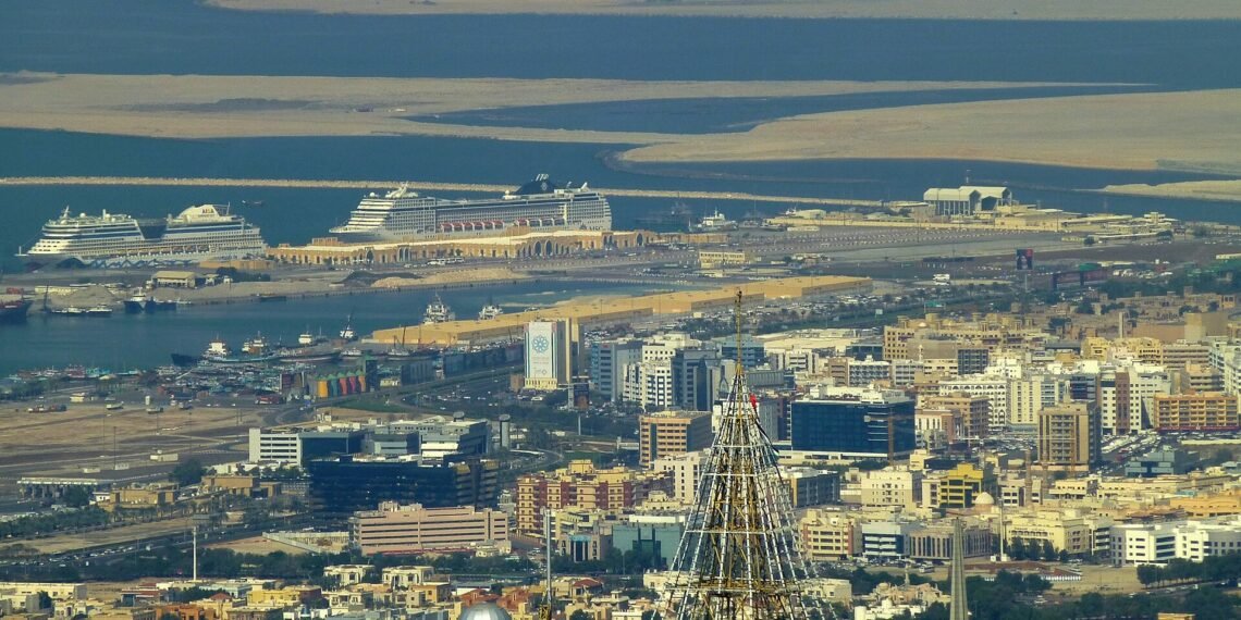 View over Dubai toward Port Rashid and Dubai Islands