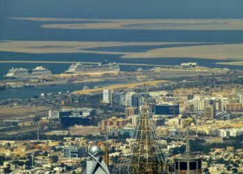View over Dubai toward Port Rashid and Dubai Islands