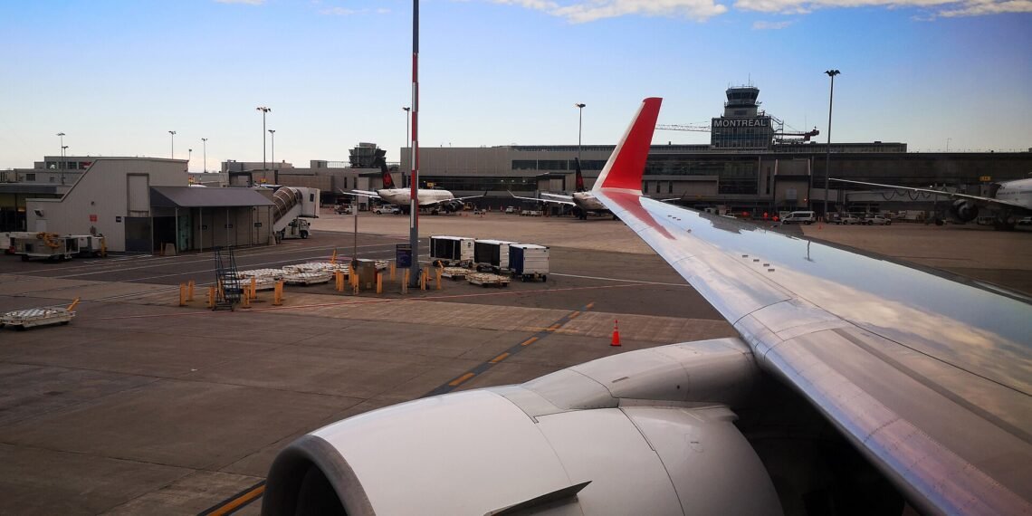 Montreal-Trudeau airport terminal seen from the airfield