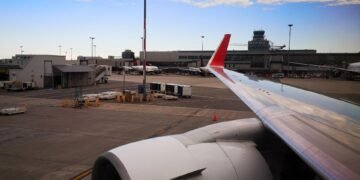 Montreal-Trudeau airport terminal seen from the airfield