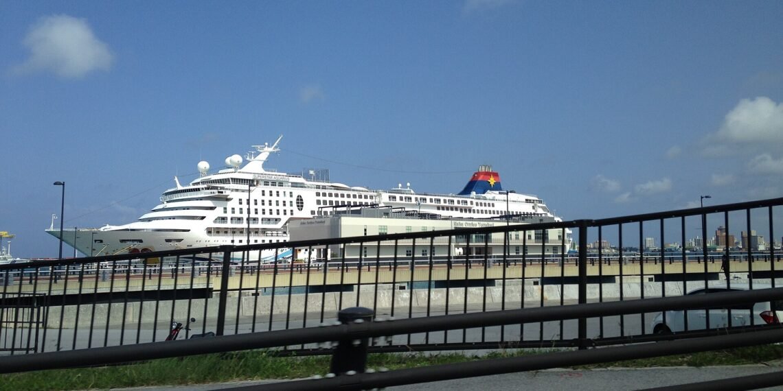 A cruise ship docked at the Naha cruise terminal in Okinawa