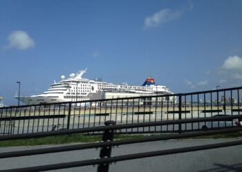 A cruise ship docked at the Naha cruise terminal in Okinawa