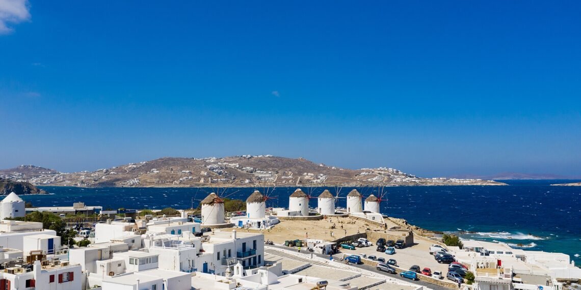 Windmills in the old town of Mykonos, Greece