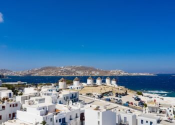 Windmills in the old town of Mykonos, Greece