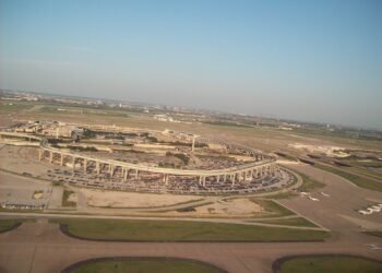 Elevated view of a terminal at Dallas Fort Worth International Airport