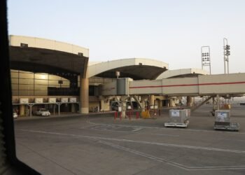 Terminal 1 and jet bridges at King Khalid International Airport in Riyadh, Saudi Arabia