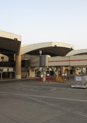 Terminal 1 and jet bridges at King Khalid International Airport in Riyadh, Saudi Arabia