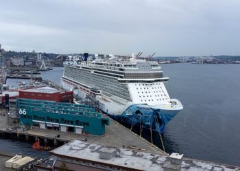 Norwegian Bliss cruise ship docked at Pier 66 in Seattle