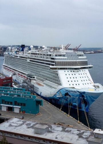 Norwegian Bliss cruise ship docked at Pier 66 in Seattle
