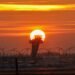 Control tower at Nuremberg Airport in Germany at sunset