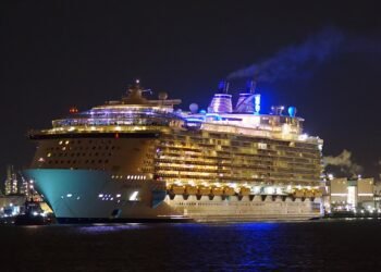 Royal Caribbean cruise ship Oasis of the Seas in Rotterdam at night