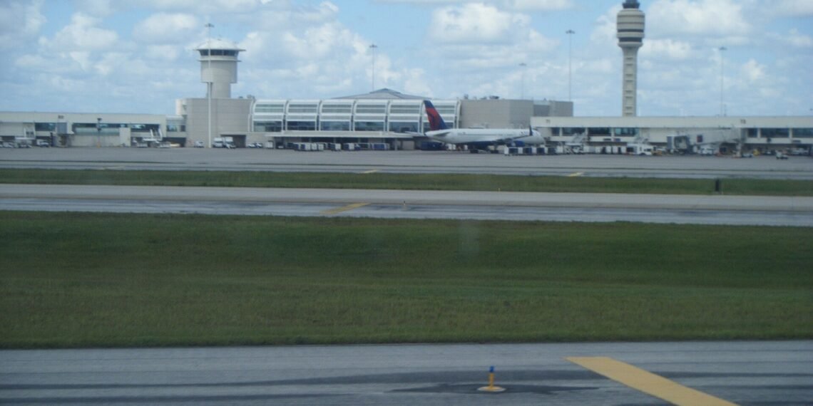 Orlando International Airport terminal from arriving airplane