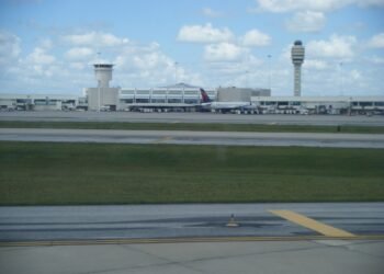 Orlando International Airport terminal from arriving airplane