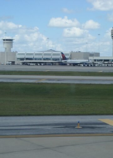 Orlando International Airport terminal from arriving airplane
