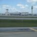 Orlando International Airport terminal from arriving airplane