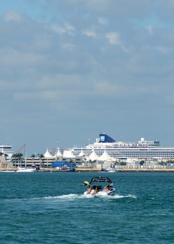 Cruise ships docked at the Port of Miami, seen across the water