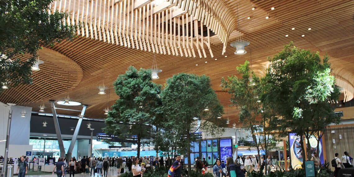 The renovated main terminal at Portland International Airport (PDX) with its large wooden roof