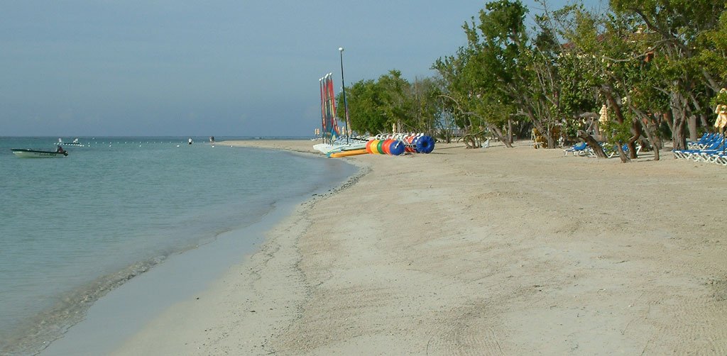 Whitehouse Beach at the Sandals resort now called Sandals South Coast, Jamaica, with palm trees and beach loungers