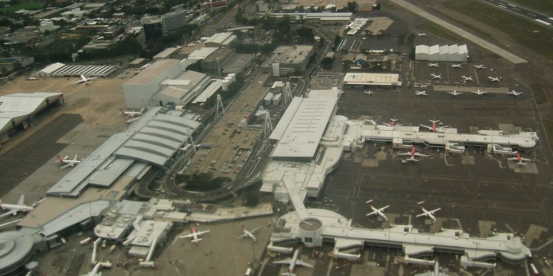 Aerial view of the domestic terminals at Sydney Airport