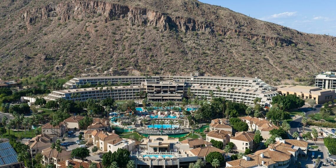 Aerial view of The Phoenician resort at the base of Camelback Mountain in Scottsdale, Arizona