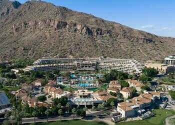 Aerial view of The Phoenician resort at the base of Camelback Mountain in Scottsdale, Arizona